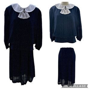 2 Pieces Vintage Mono New York Navy White Polka Dot Peter Pan Top Pleated Shirt